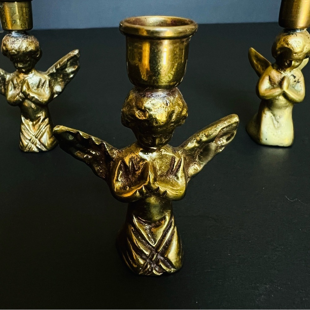 Beautiful Set of 4 Solid Brass Heavy Praying Angels Candlestick Candle Holders.